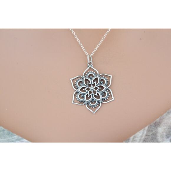 Sterling Silver Openwork Lotus Pendant Necklace - Picture 2 of 4